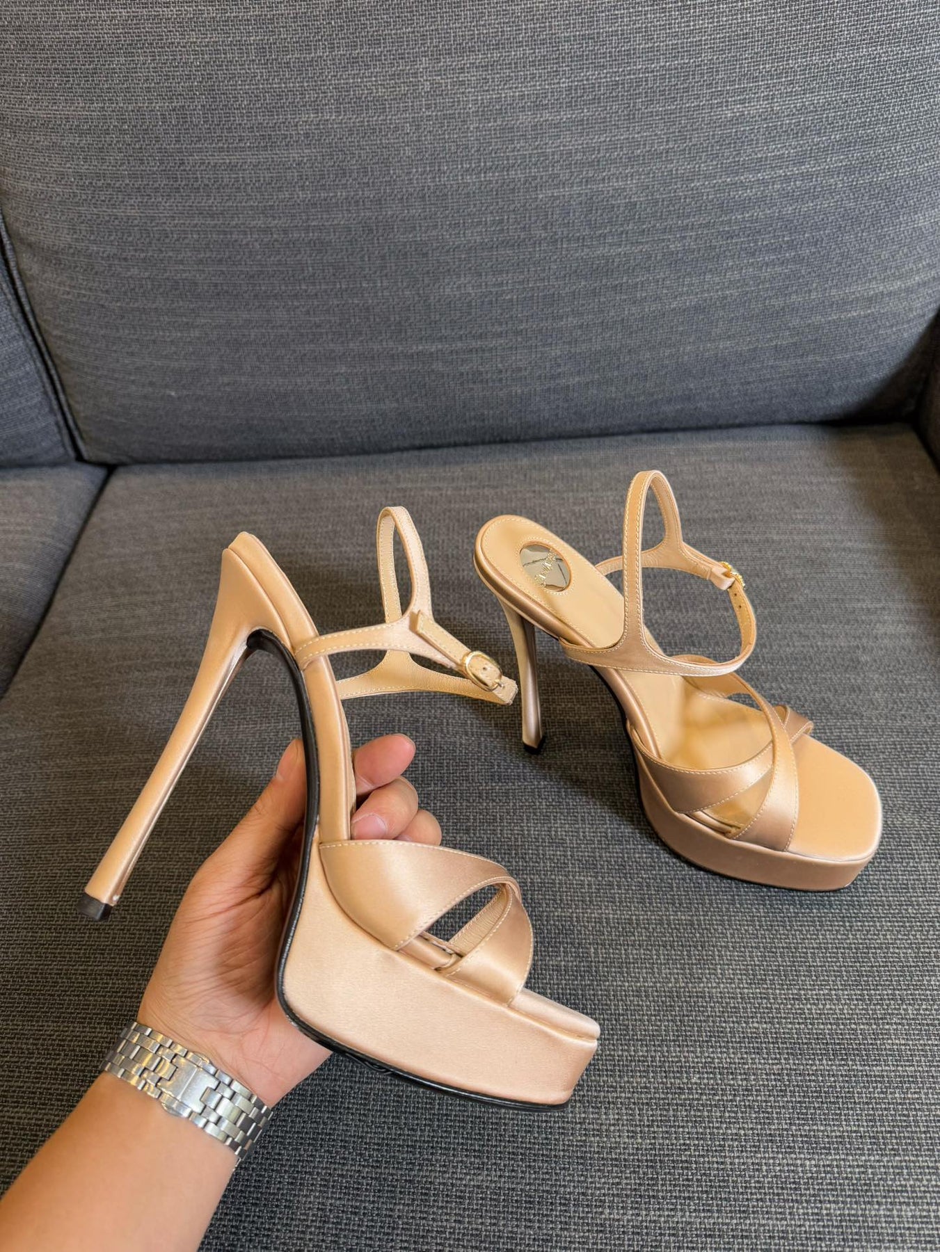 DEBBIE PLATFORM SANDALS IN BEIGE SATIN
