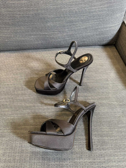 DEBBIE PLATFORM SANDALS IN BLACK SATIN