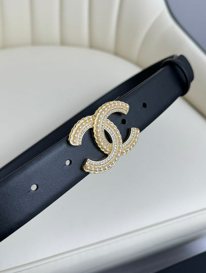 CC BELT 30MM IN BLACK SMOOTH CALFSKIN GOLD HARDWARE ATTACH PEARLS