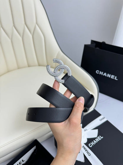 CC BELT 30MM IN BLACK SMOOTH CALFSKIN SILVER HARDWARE ATTACH PEARLS