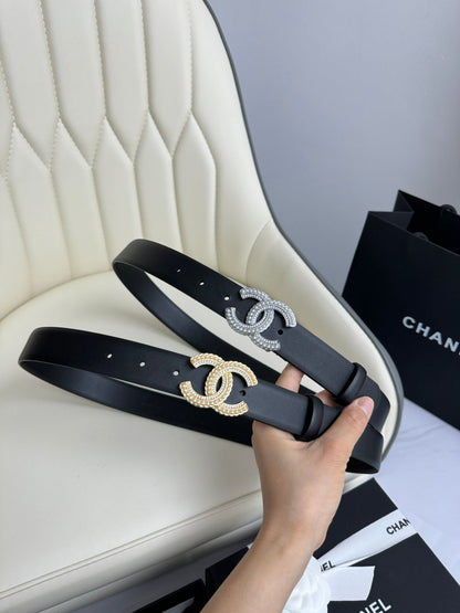 CC BELT 30MM IN BLACK SMOOTH CALFSKIN SILVER HARDWARE ATTACH PEARLS