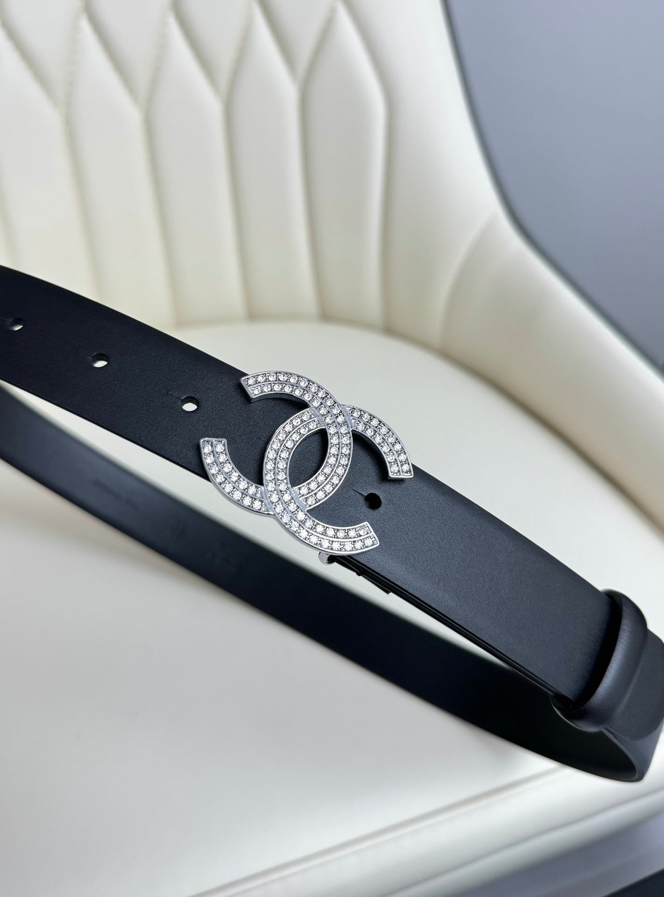 CC BELT 30MM IN BLACK SMOOTH CALFSKIN SILVER HARDWARE ATTACH RHINSTONES