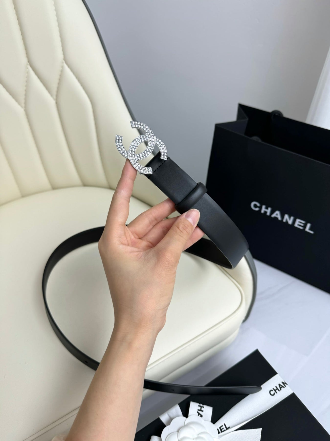 CC BELT 30MM IN BLACK SMOOTH CALFSKIN SILVER HARDWARE ATTACH RHINSTONES