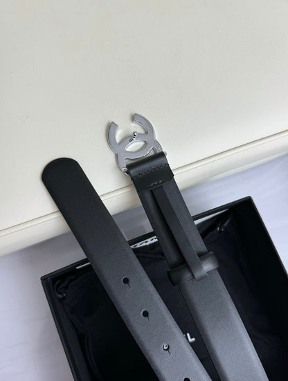 CC BELT 30MM IN BLACK SMOOTH CALFSKIN SILVER HARDWARE ATTACH RHINSTONES