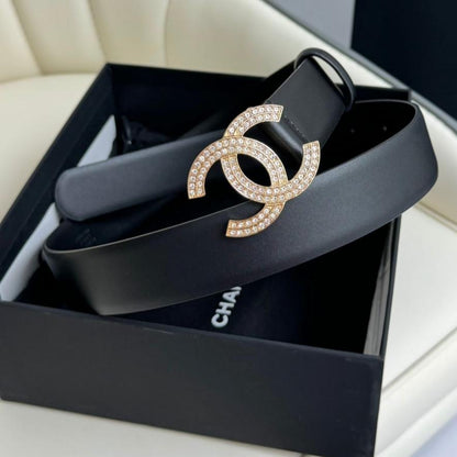 CC BELT 30MM IN BLACK SMOOTH CALFSKIN GOLD HARDWARE ATTACH RHINSTONES