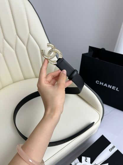 CC BELT 30MM IN BLACK SMOOTH CALFSKIN GOLD HARDWARE ATTACH RHINSTONE