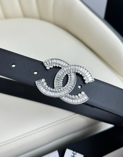 CC BELT 30MM IN BLACK SMOOTH CALFSKIN SILVER HARDWARE ATTACH RHINSTONE
