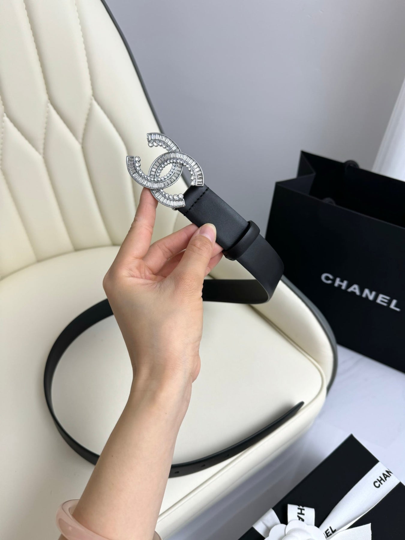 CC BELT 30MM IN BLACK SMOOTH CALFSKIN SILVER HARDWARE ATTACH RHINSTONE