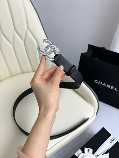 CC BELT 30MM IN BLACK SMOOTH CALFSKIN SILVER HARDWARE ATTACH RHINSTONE