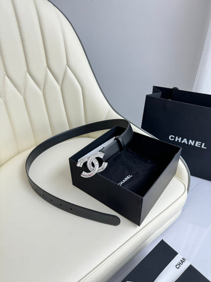 CC BELT 30MM IN BLACK SMOOTH CALFSKIN SILVER HARDWARE ATTACH RHINSTONE