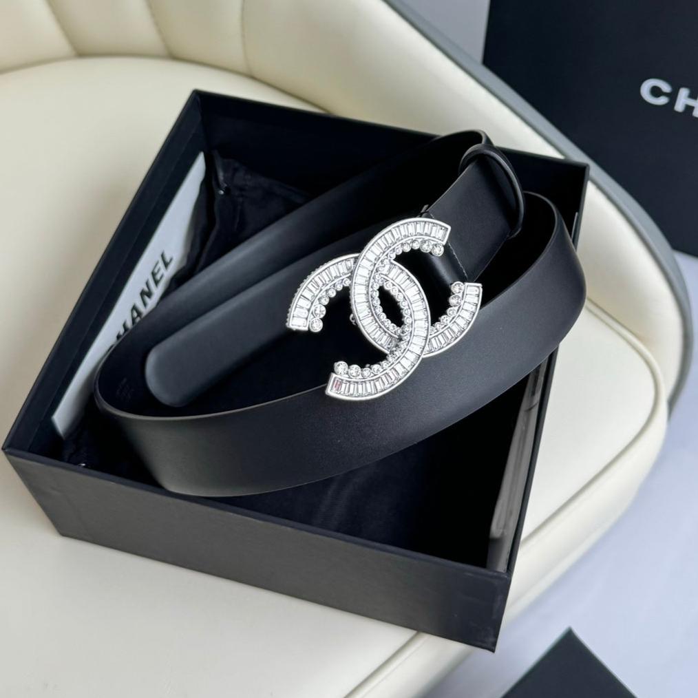 CC BELT 30MM IN BLACK SMOOTH CALFSKIN SILVER HARDWARE ATTACH RHINSTONE