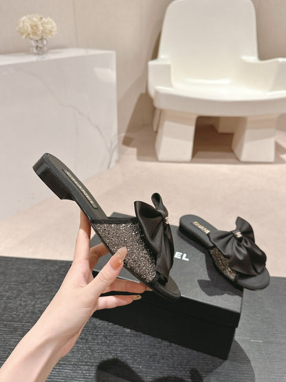 BOW LADY SLIPPERS BLACK LAMBSKIN WITH RHINESTONES