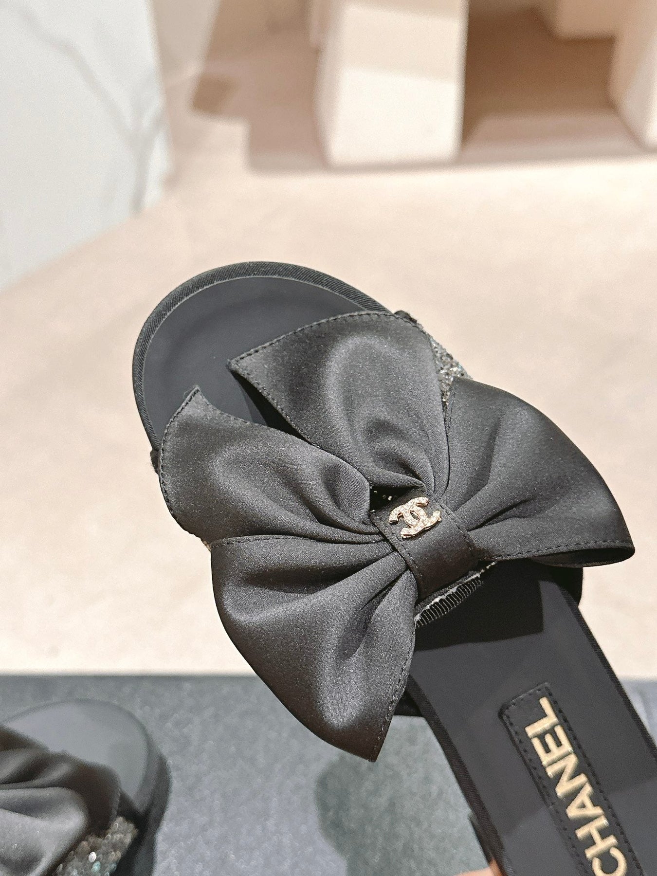 BOW LADY SLIPPERS BLACK LAMBSKIN WITH RHINESTONES