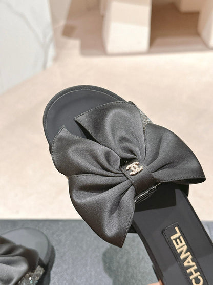 BOW LADY SLIPPERS BLACK LAMBSKIN WITH RHINESTONES