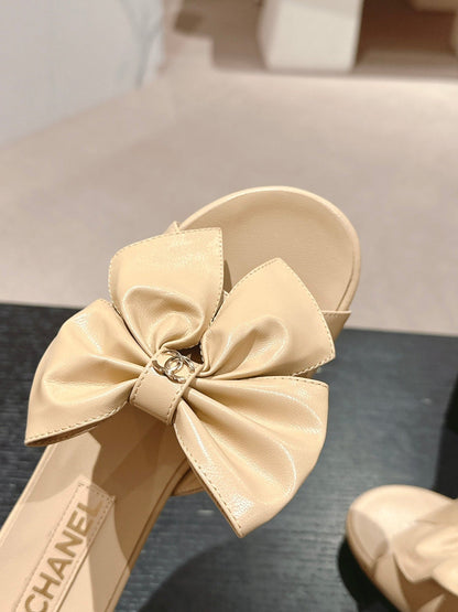 BOW LADY SLIPPERS BEIGE CREAM LAMBSKIN