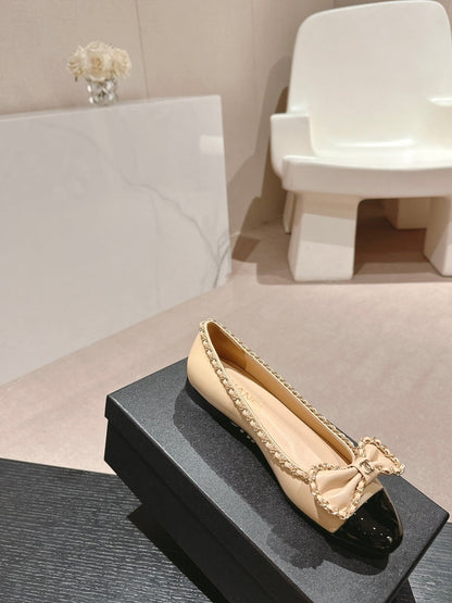 BOWKNOT BALLET FLAT IN BEIGE CREAM MIX BLACK SHEEPSKIN