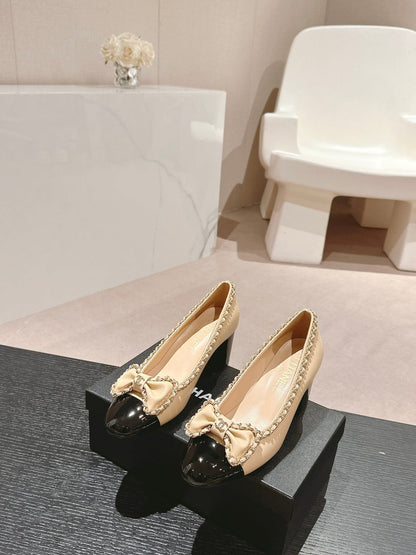 BOWKNOT HIGH HEELS IN BEIGE CREAM MIX BLACK SHEEPSKIN