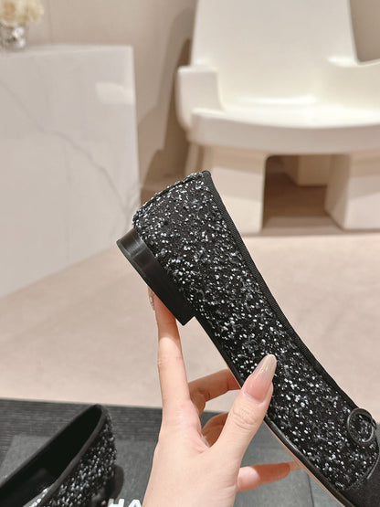 BALLET FLATS IN BLACK MIX WHITE TWEED AND SATIN