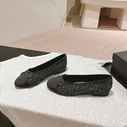 BALLET FLATS IN BLACK MIX WHITE TWEED AND SATIN