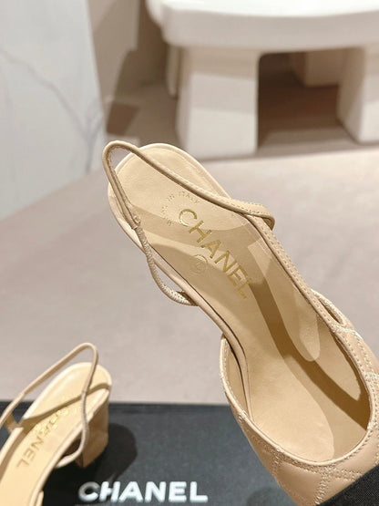 HIGH SLINGBACKS IN BEIGE CREAM LAMBSKIN AND BLACK SATIN