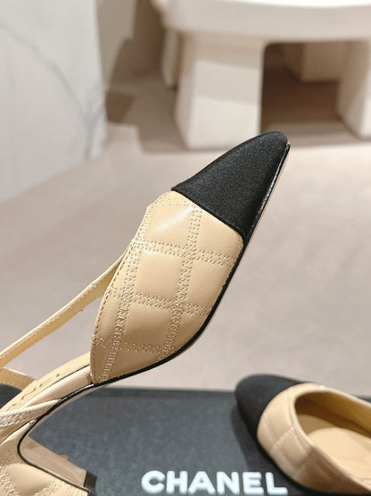 HIGH SLINGBACKS IN BEIGE CREAM LAMBSKIN AND BLACK SATIN