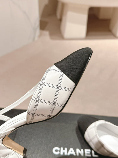 HIGH SLINGBACKS IN WHITE LAMBSKIN AND BLACK SATIN