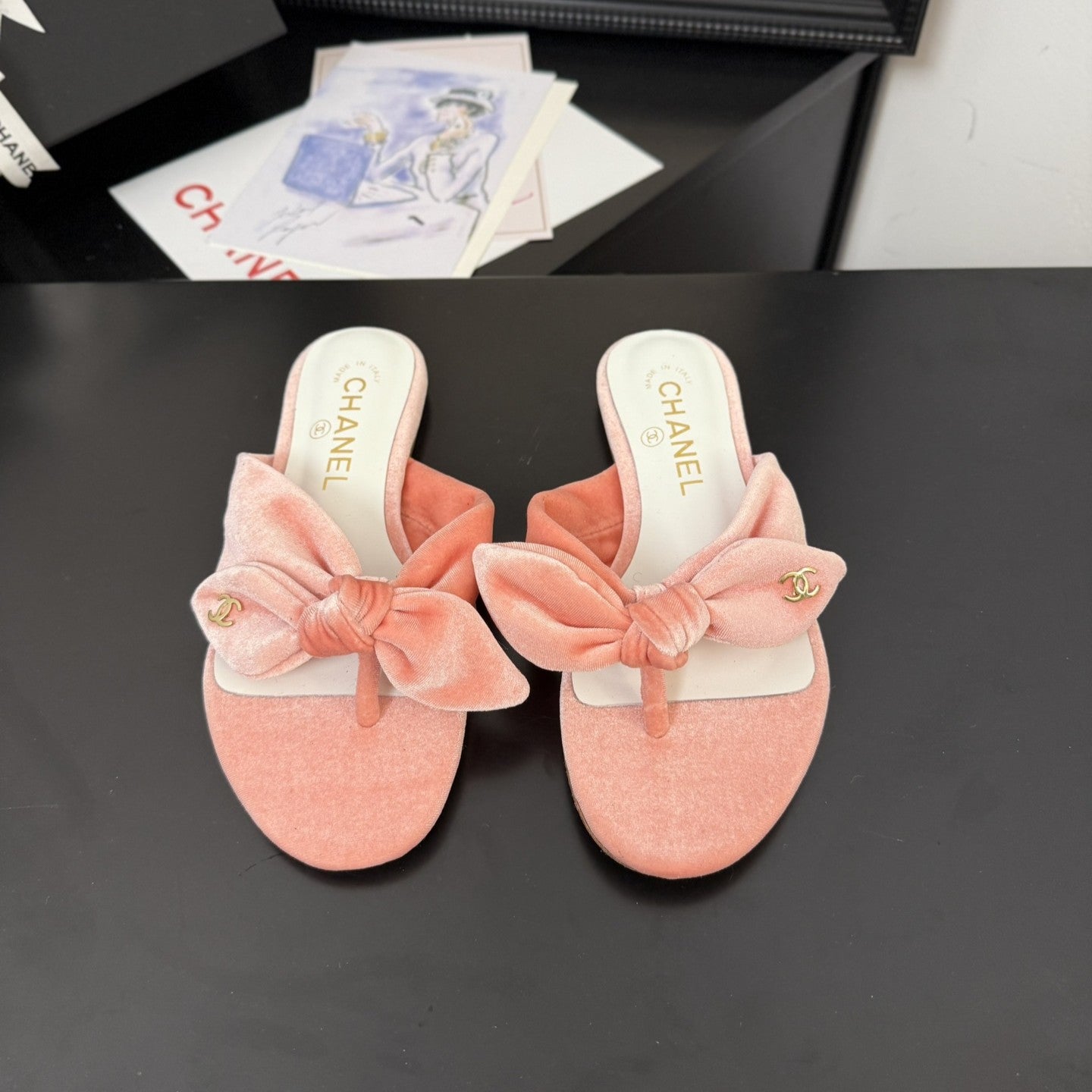 CC 25C Thong Sandal Bow Pink Velvet fabric 233567