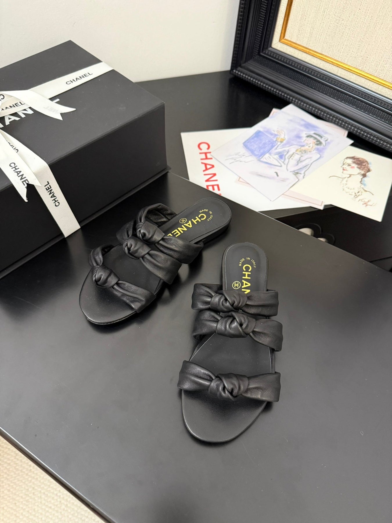 CC 25C Three Strap Mule Black Lambskin 233557