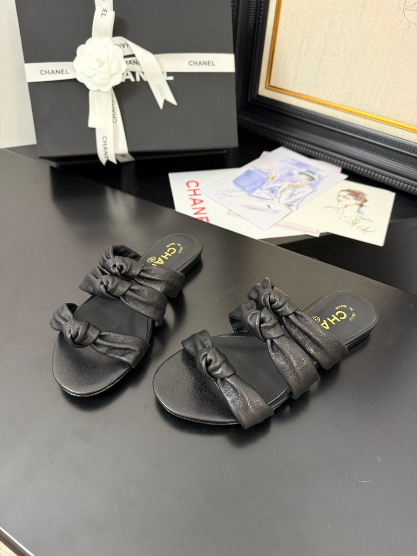 CC 25C Three Strap Mule Black Lambskin 233557