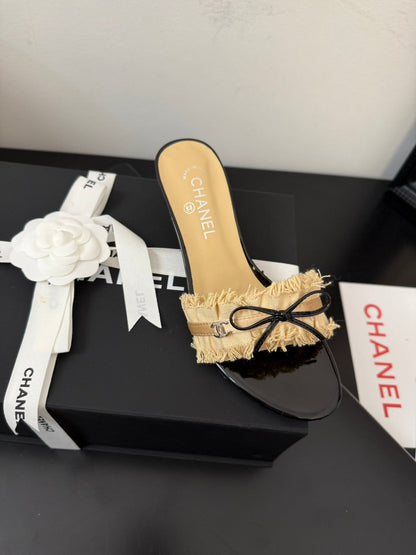 SAND YELLOW GROSGRAIN CANVAS BOW MULE SANDALS 65 MM