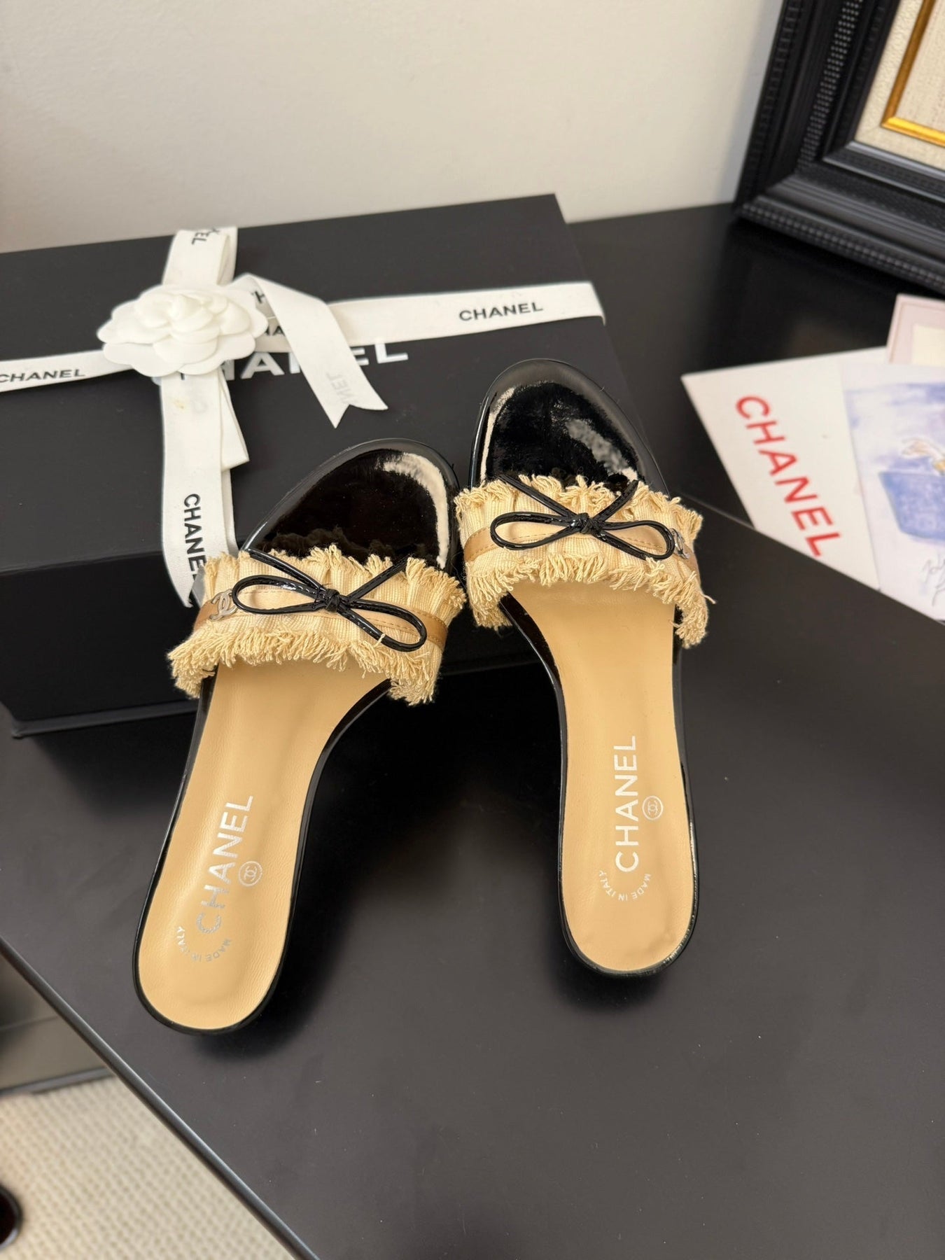 SAND YELLOW GROSGRAIN CANVAS BOW MULE SANDALS 65 MM