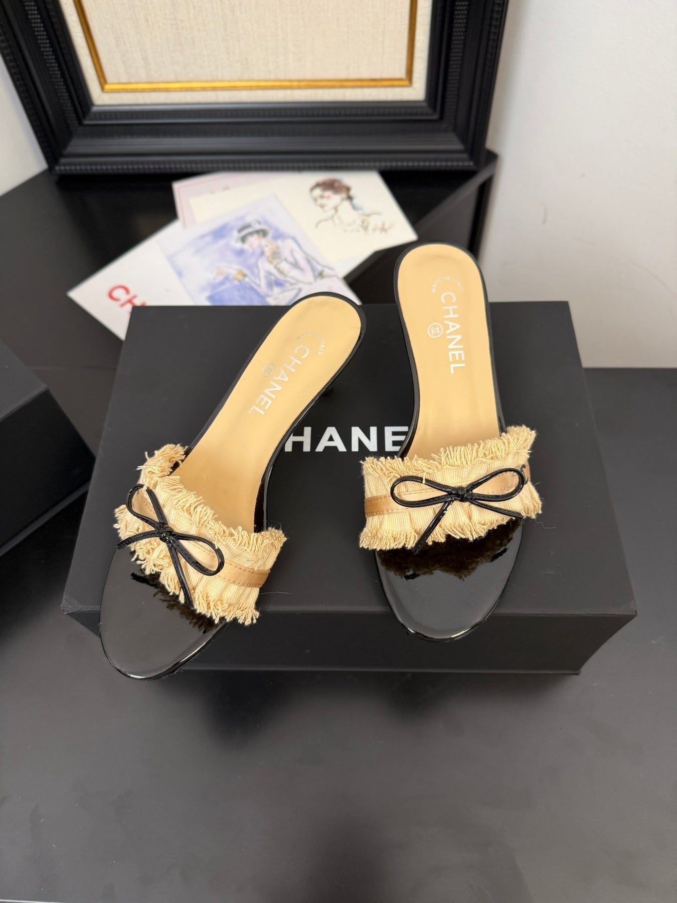 SAND YELLOW GROSGRAIN CANVAS BOW MULE SANDALS 65 MM