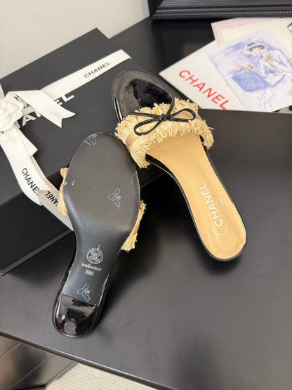 SAND YELLOW GROSGRAIN CANVAS BOW MULE SANDALS 65 MM