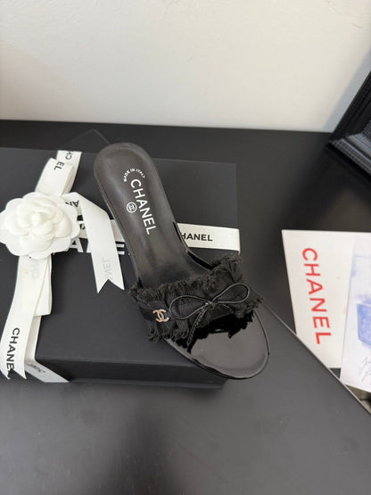 BLACK GROSGRAIN CANVAS BOW MULE SANDALS 65 MM