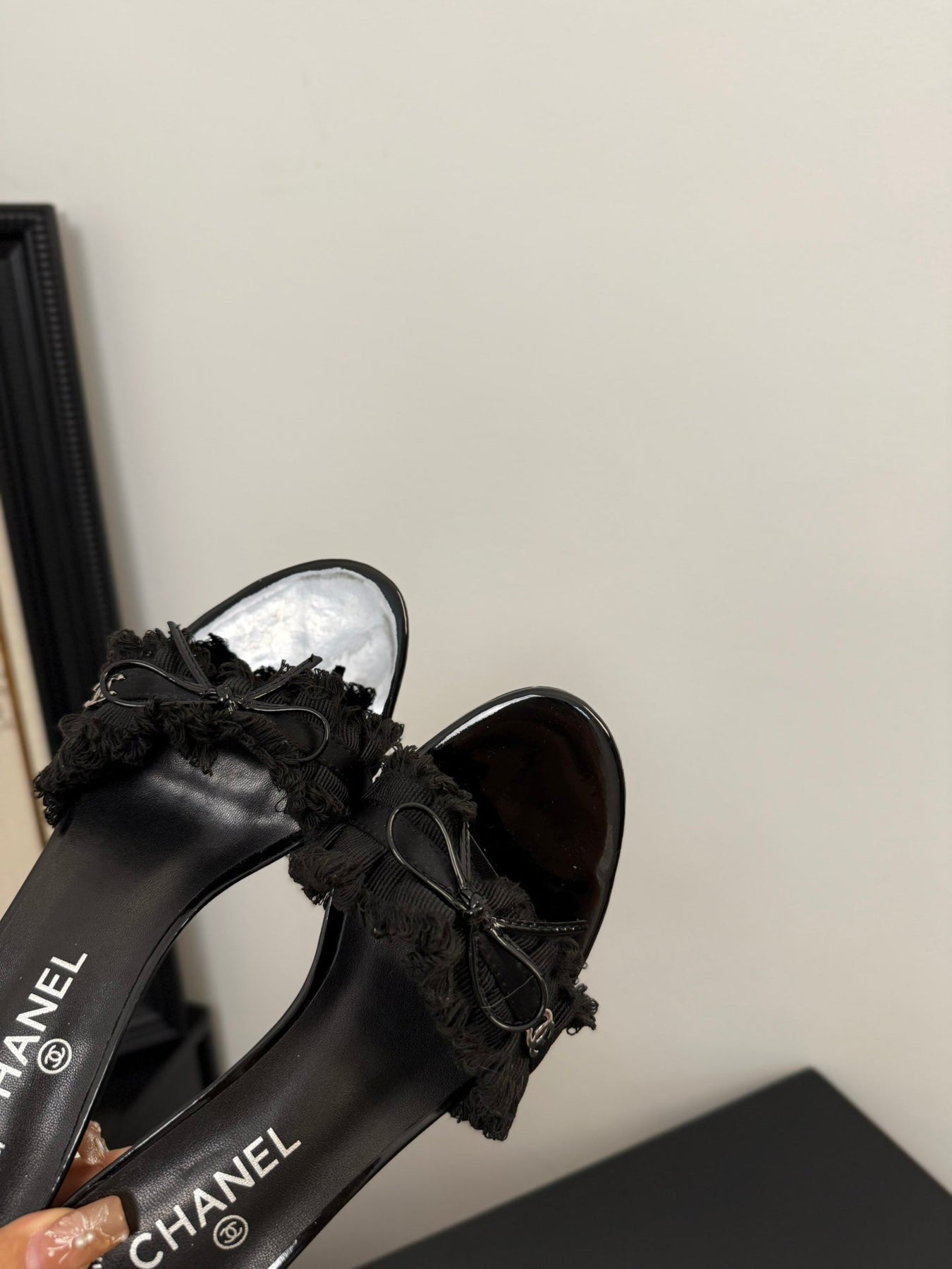 BLACK GROSGRAIN CANVAS BOW MULE SANDALS 65 MM