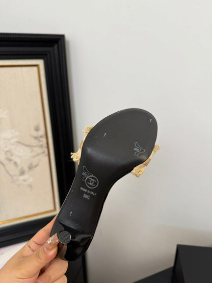 SAND YELLOW GROSGRAIN CANVAS BOW MULE SANDALS 90 MM