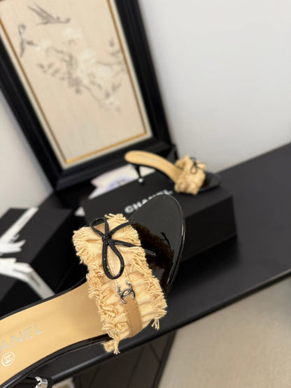 SAND YELLOW GROSGRAIN CANVAS BOW MULE SANDALS 90 MM