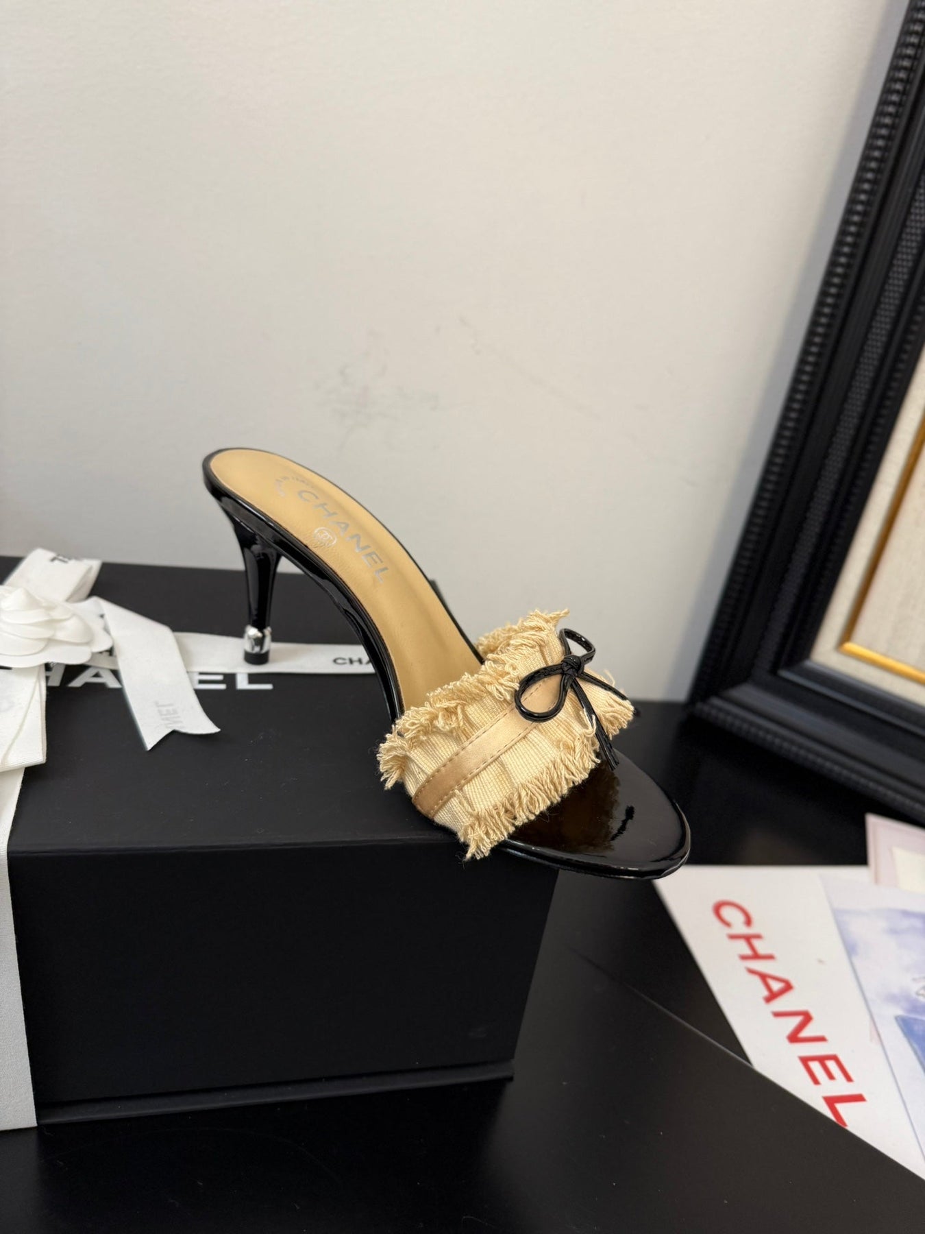 SAND YELLOW GROSGRAIN CANVAS BOW MULE SANDALS 90 MM