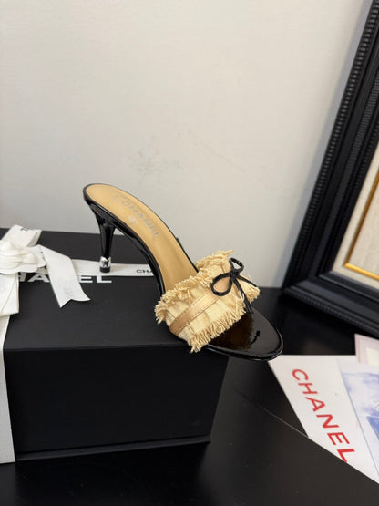 SAND YELLOW GROSGRAIN CANVAS BOW MULE SANDALS 90 MM