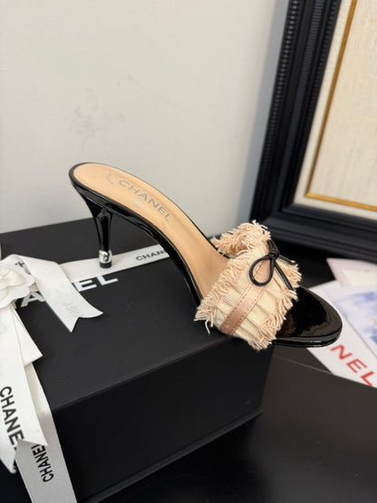 PEACH PINK GROSGRAIN CANVAS BOW MULE SANDALS 90 MM