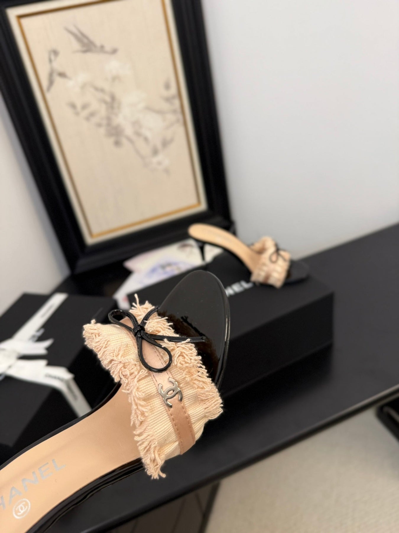 PEACH PINK GROSGRAIN CANVAS BOW MULE SANDALS 90 MM