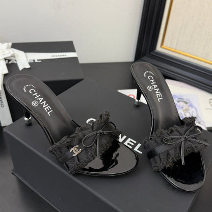 BLACK GROSGRAIN CANVAS BOW MULE SANDALS 90 MM