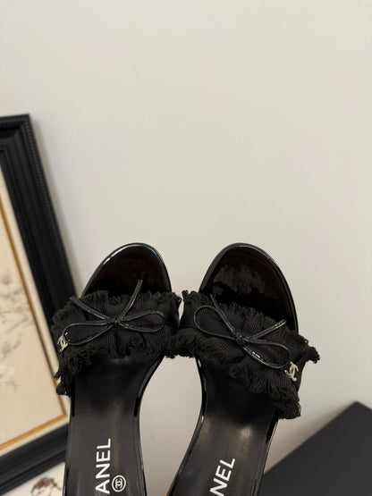 BLACK GROSGRAIN CANVAS BOW MULE SANDALS 90 MM