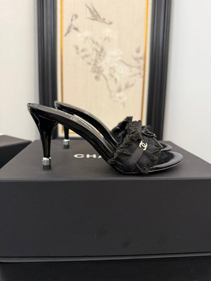 BLACK GROSGRAIN CANVAS BOW MULE SANDALS 90 MM