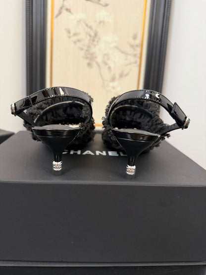 BLACK GROSGRAIN CANVAS BOW SLINGBACK SANDALS 65 MM