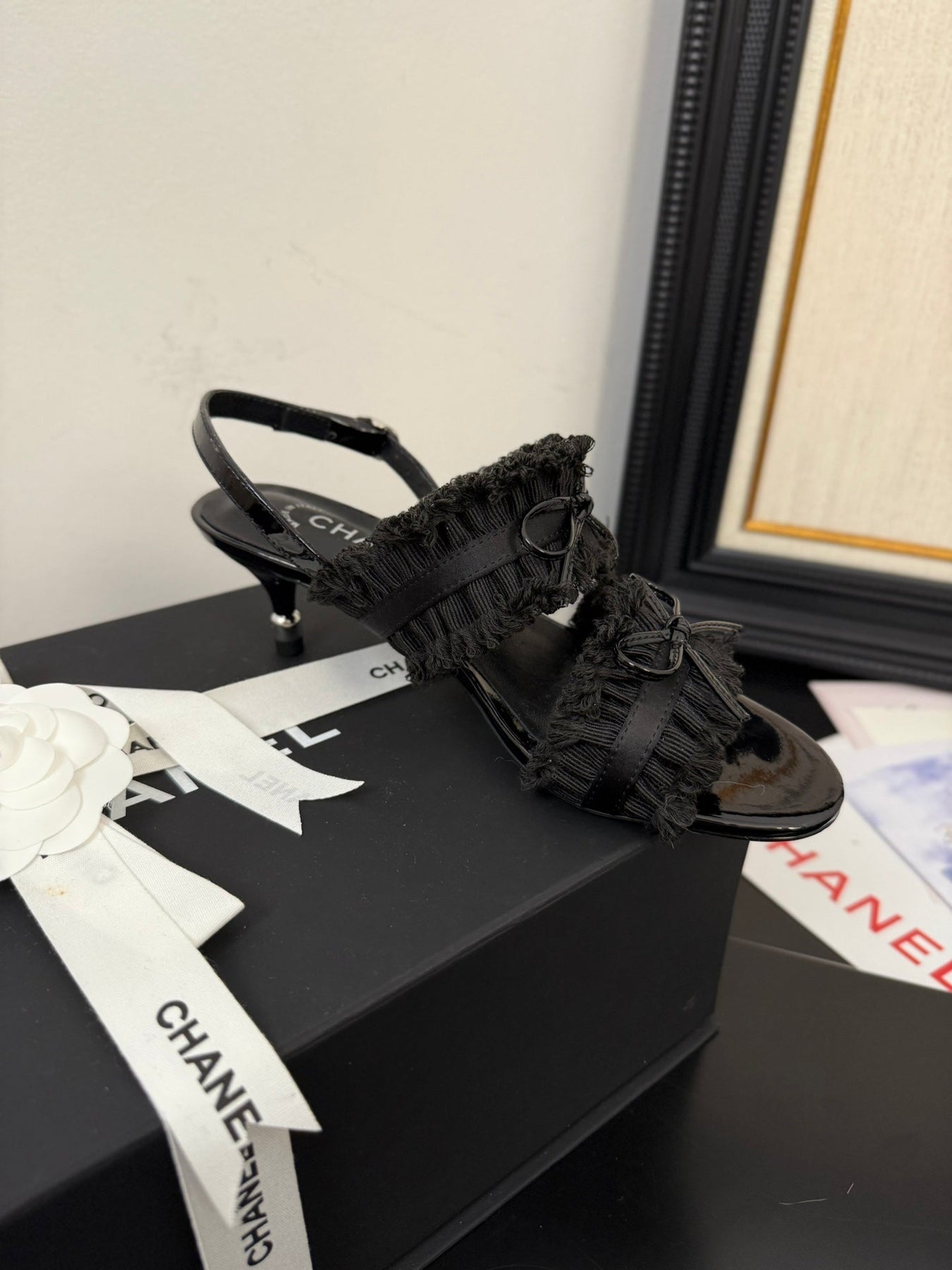 BLACK GROSGRAIN CANVAS BOW SLINGBACK SANDALS 65 MM