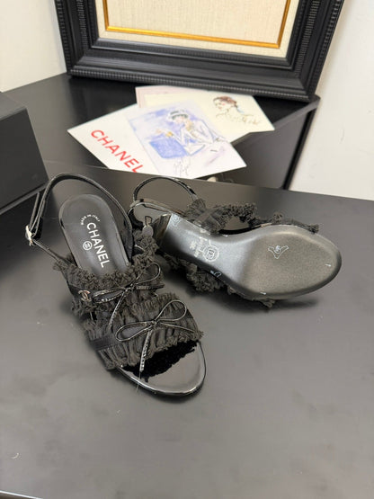 BLACK GROSGRAIN CANVAS BOW SLINGBACK SANDALS 65 MM