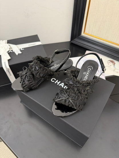 BLACK GROSGRAIN CANVAS BOW SLINGBACK SANDALS 65 MM