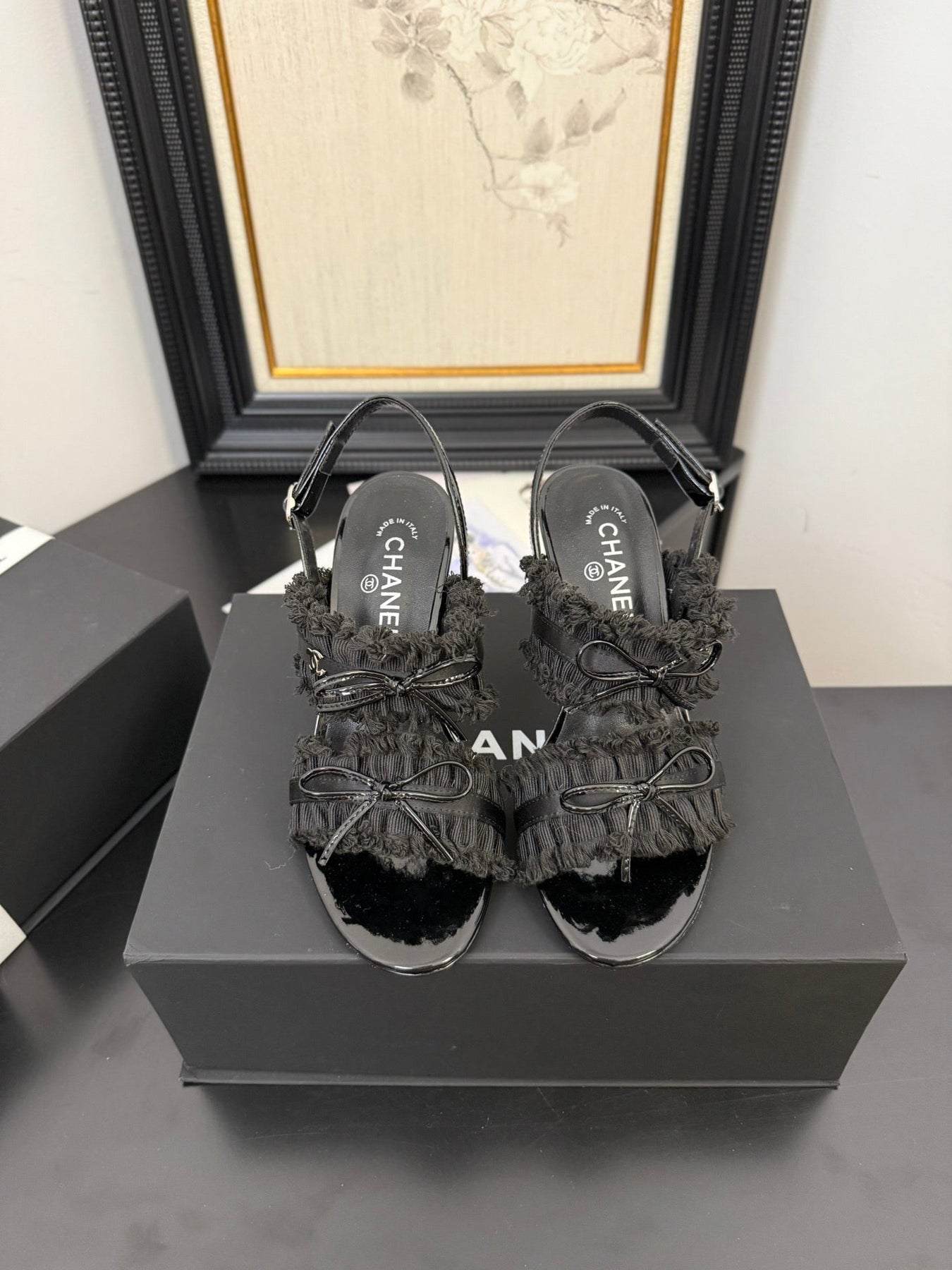 BLACK GROSGRAIN CANVAS BOW SLINGBACK SANDALS