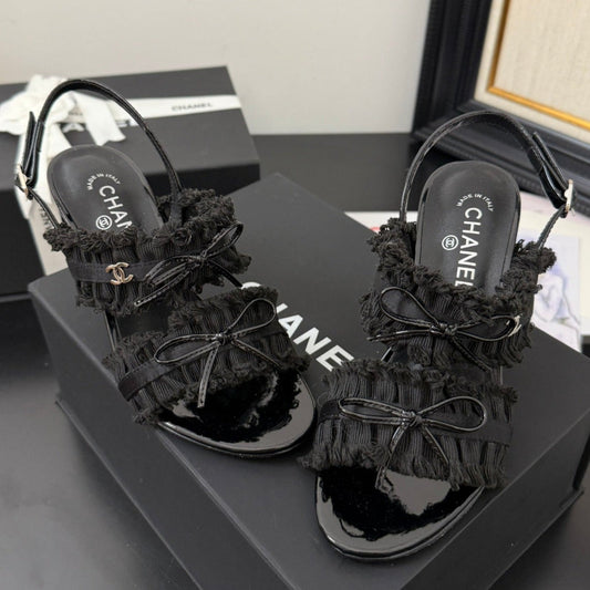 BLACK GROSGRAIN CANVAS BOW SLINGBACK SANDALS